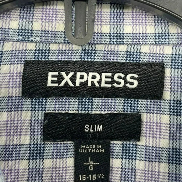 Express Button-Up Shirt Men's Sz L Purple Slim Fit Plaid Collared Curve Hem - Picture 11 of 12